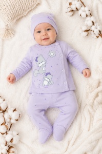Compleu bebe mov lila cu caciulita si imprimeu veverite din bumbac