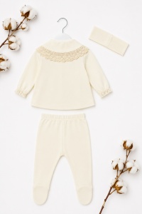 Compleu elegant bebe fetita crem cu dantela si bentita 3 piese - Img 3