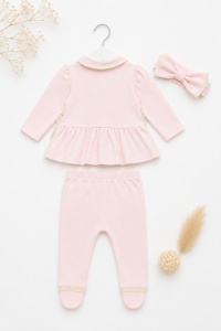 Compleu elegant bebe fetita roz pudrat cu bentita si dantela 3 piese - Img 3