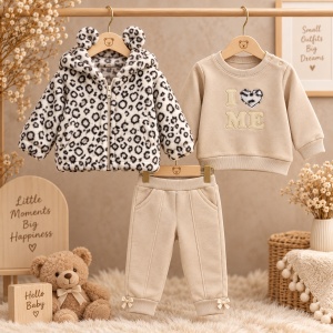 Compleu fetita 3 piese bumbac bej cu geaca pufoasa animal print, prezentare in decor