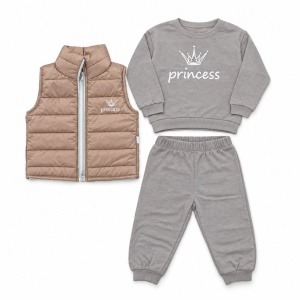 Compleu fetita 3 piese bumbac cu vesta matlasata bluza princess si pantaloni gri, fotografie de produs pe fundal alb