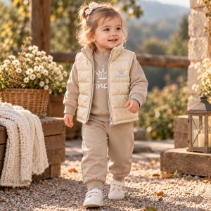 Compleu fetita 3 piese bumbac cu vesta matlasata bluza princess si pantaloni bej