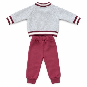 Compleu fetita 3 piese din bumbac cu jacheta bomber gri si pantaloni bordo, fotografie de produs pe fundal alb