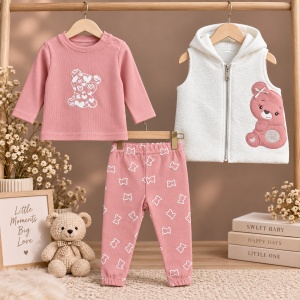 Compleu fetita 3 piese roz cu pantaloni tip colanti si vesta cu gluga si ursulet, prezentare in decor
