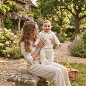 Compleu fetite 2 piese din bumbac 100%, bluza tricotata cu guler si floare, pantaloni, crem - Img 2