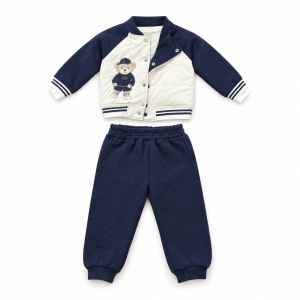 Costum bebe 3 piese bleumarin cu geaca matlasata, bluza Bear si pantaloni, fotografie de produs pe fundal alb