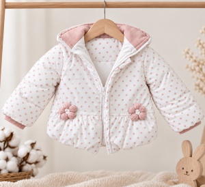 Costum bebe 3 piese din bumbac 100% roz cu geaca captusita si pantaloni, prezentare in decor