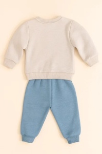 Costum bebe baiat 2 piese gri bleu din bumbac cu ursulet teddy bear si pantaloni comozi - Img 3