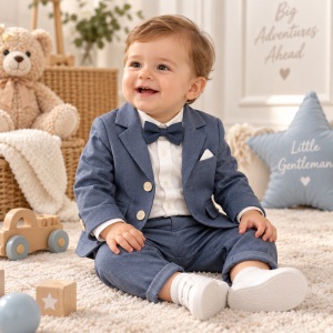 Costum bebe baiat albastru denim 3 piese cu sacou camasa si pantaloni elegant