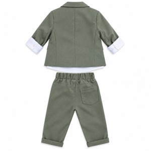 Costum bebe baiat verde kaki 3 piese cu sacou camasa si pantaloni elegant, fotografie de produs pe fundal alb