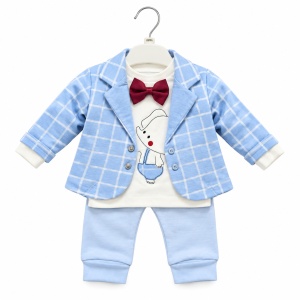 Costum bebe elegant din bumbac 3 piese cu sacou bleu in carouri, papion si pantaloni - Img 5