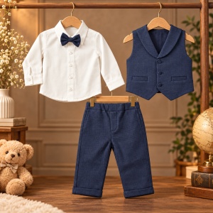 Costum elegant baieti 4 piese din bumbac, camasa alba, vesta si pantaloni bleumarin, papion - Img 3