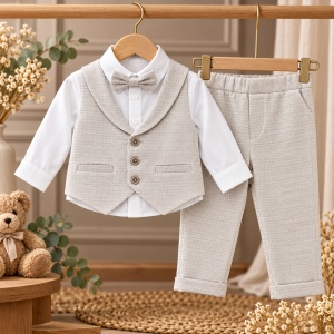 Costum elegant baieti 4 piese din bumbac, camasa alba, vesta si pantaloni bej, papion - Img 2