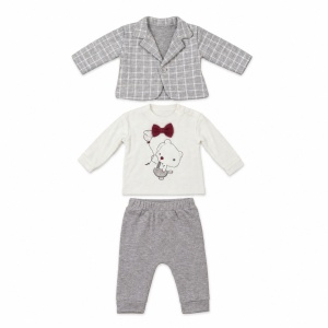 Costum bebe baiat gri in carouri cu body alb, papion bordo si pantaloni, fotografie de produs pe fundal alb