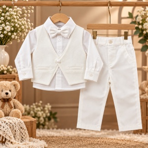 Costum elegant bebe baiat 4 piese din bumbac alb cu vesta si papion - Img 3
