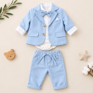 Costum elegant bebe baieti 3 piese bleu cu sacou, pantaloni si body cu papion, detaliu material si finisaje