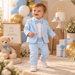Costum elegant bebe baieti 3 piese bleu cu sacou, pantaloni si body cu papion