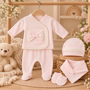 Costum nou nascut fetita 5 piese bumbac 100%, roz cu fundita si dantela - Img 2