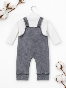 Costumas bebe 2 piese salopeta denim gri cu iepuras si bluza bumbac - Img 4