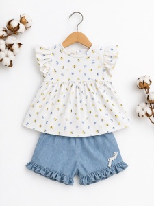 Costumas bebe fetita 2 piese bluza cu imprimeu si pantaloni scurti denim - Img 2