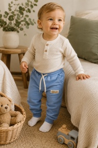 Pantaloni sport premium pentru copii din bumbac bleu cu buzunare si snur reglabil - Img 2