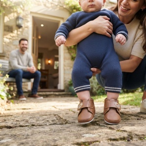 Pantofi bebe baieti din piele ecologica maro cu arici si ursulet brodat - Img 2