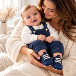 Pantofiori bebe bleumarin cu sireturi, captusiti si talpa moale - Img 2