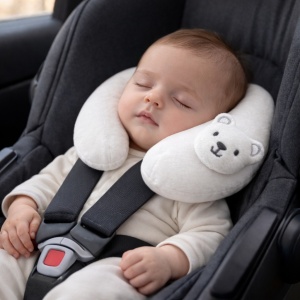 Perna suport gat bebe pentru scaun auto si avion perna calatorie bebelusi ursulet alb