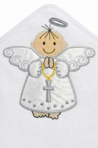 Prosop bebe cu gluga pentru botez alb bumbac moale broderie ingeras 80x90 cm - Img 3