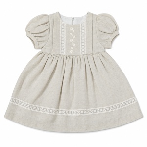 Rochie bebe fetita din in bej cu broderie florala si dantela - Img 2