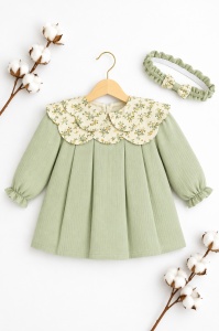 Rochie bebe fetita din muselina verde salvie cu bentita si guler floral eleganta - Img 2