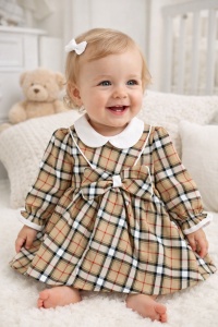 Rochie bebe fetita eleganta in carouri cu funda mare si guler alb,