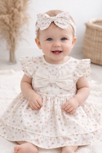 Rochie bebe fetite crem cu flori si bentita, rochita eleganta fetite