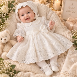 Rochita botez bebe alba din bumbac cu broderie, boneta si pantofi
