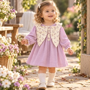 Rochita fetita din muselina lila cu detalii florale