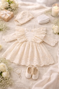 Rochita premium botez bebe fetita 4 piese cu broderie, boneta, dres si pantofiori - Img 2