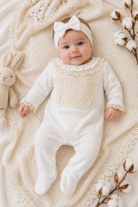 Salopeta bebe alba cu bentita, dantela eleganta si guleras din 100% bumbac