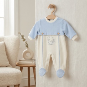 Salopeta bebe baiat din bumbac cu botosei integrati, bleu si crem, model elefant