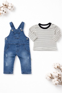 Salopeta bebe din denim cu tricou bumbac set casual copii stil modern - Img 5