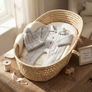Salopeta tricotata bebe gri cu model torsadat, guler si caciulita, prezentare in decor
