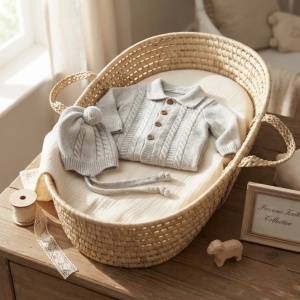 Salopeta tricotata bebe gri cu guler, nasturi si caciulita, prezentare in decor