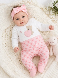 Salopeta bebe fetita bumbac cu ursuleti si inimioare cu bentita inclusa