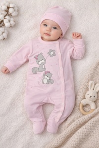 Salopeta bebe fetite roz cu caciulita 2 piese imprimeu ursulet