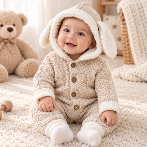 Salopeta bebe pentru iarna bej tricotata cu interior imblanit, gluga cu urechiuse si model torsadat