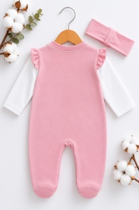 Salopeta bebelusi din bumbac cu bentita, costum roz cu iepurasi pentru fetite - Img 4