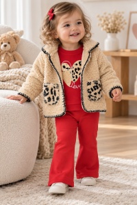 Set 3 piese fetite cu hanorac teddy, bluza rosie si pantaloni evazati din bumbac