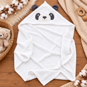 Set baie bebe 3 piese, bumbac, halat cu gluga, prosop si papuci, model Panda, alb - Img 6