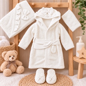 Set baie bebe 4 piese din bumbac, halat cu gluga, prosop, manusa si papuci, fundite, alb - Img 3