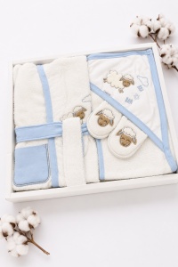 Set baie copii 4 piese alb bleu cu oita, halat, prosop si papuci, 100% bumbac - Img 2