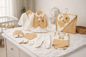 Set bebe 10 piese elegant bej alb body pantaloni paturica caciulita premium